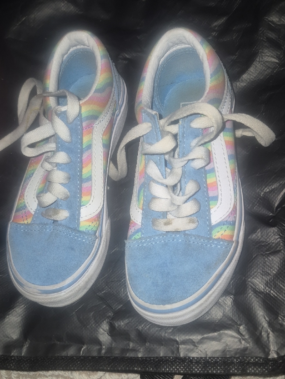 Vans Kids Light Blue Suede Sneakers with Rainbow Stripe Panels